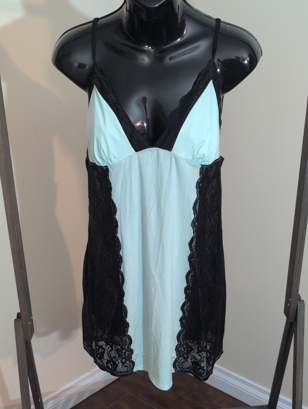 La Senza | Women's Black & Light Blue Lace Trim Chemise